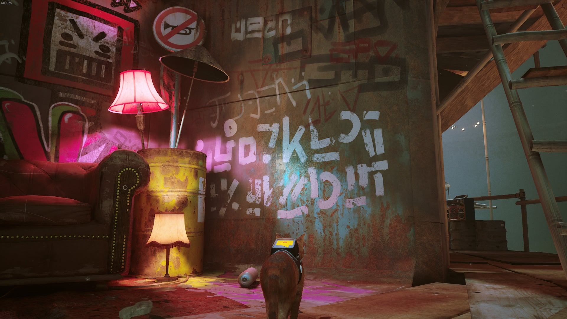 The cat of Stray looks at a wall mural, also a memory, in Antvillage. - 19