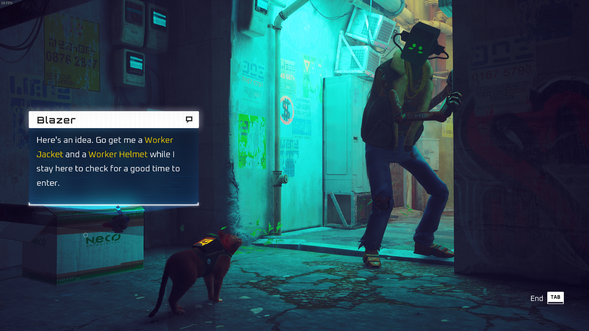 The cat of Stray speaks with Blazer in Midtown, who is requesting a worker jacket and worker helmet.