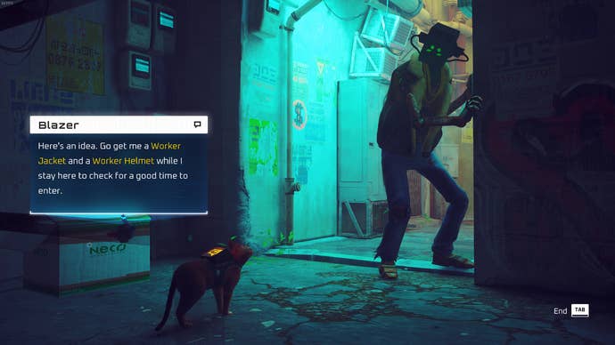 The cat of Stray speaks with Blazer in Midtown, who is requesting a worker jacket and worker helmet.