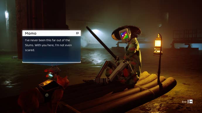 A robot talks to a cat on a wooden canoe in Stray