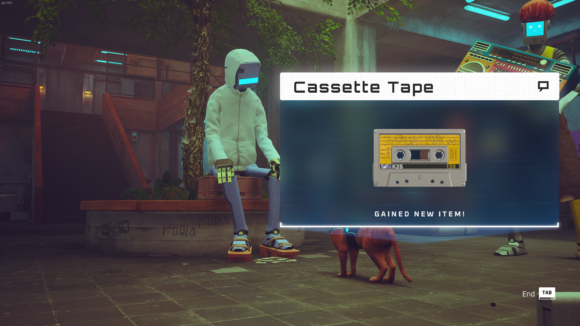 The cat of Stray collects a cassette tape from robot, Simon, in the residential district of Midtown.