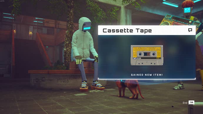 The cat of Stray collects a cassette tape from robot, Simon, in the residential district of Midtown.