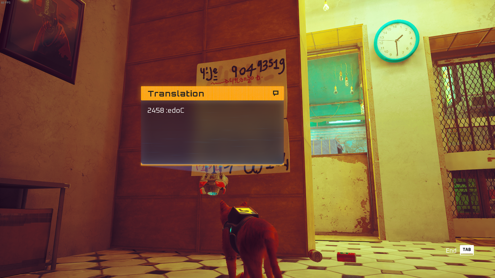 The cat of Stray reads a code on a note in Midtown.