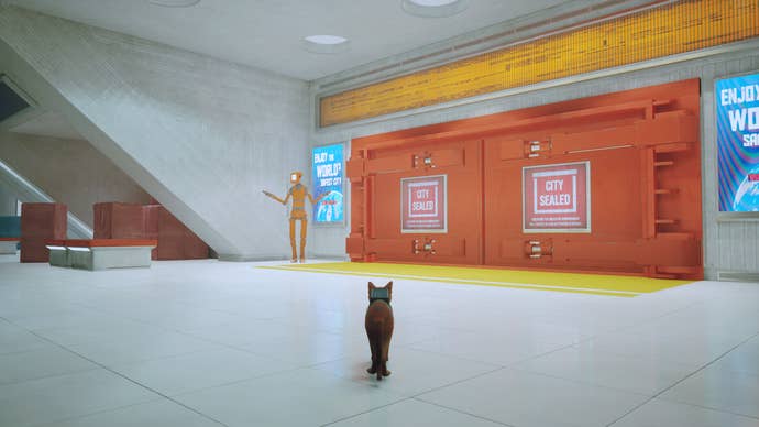 The cat of Stray looks at orange doors reading 'CITY SEALED'.