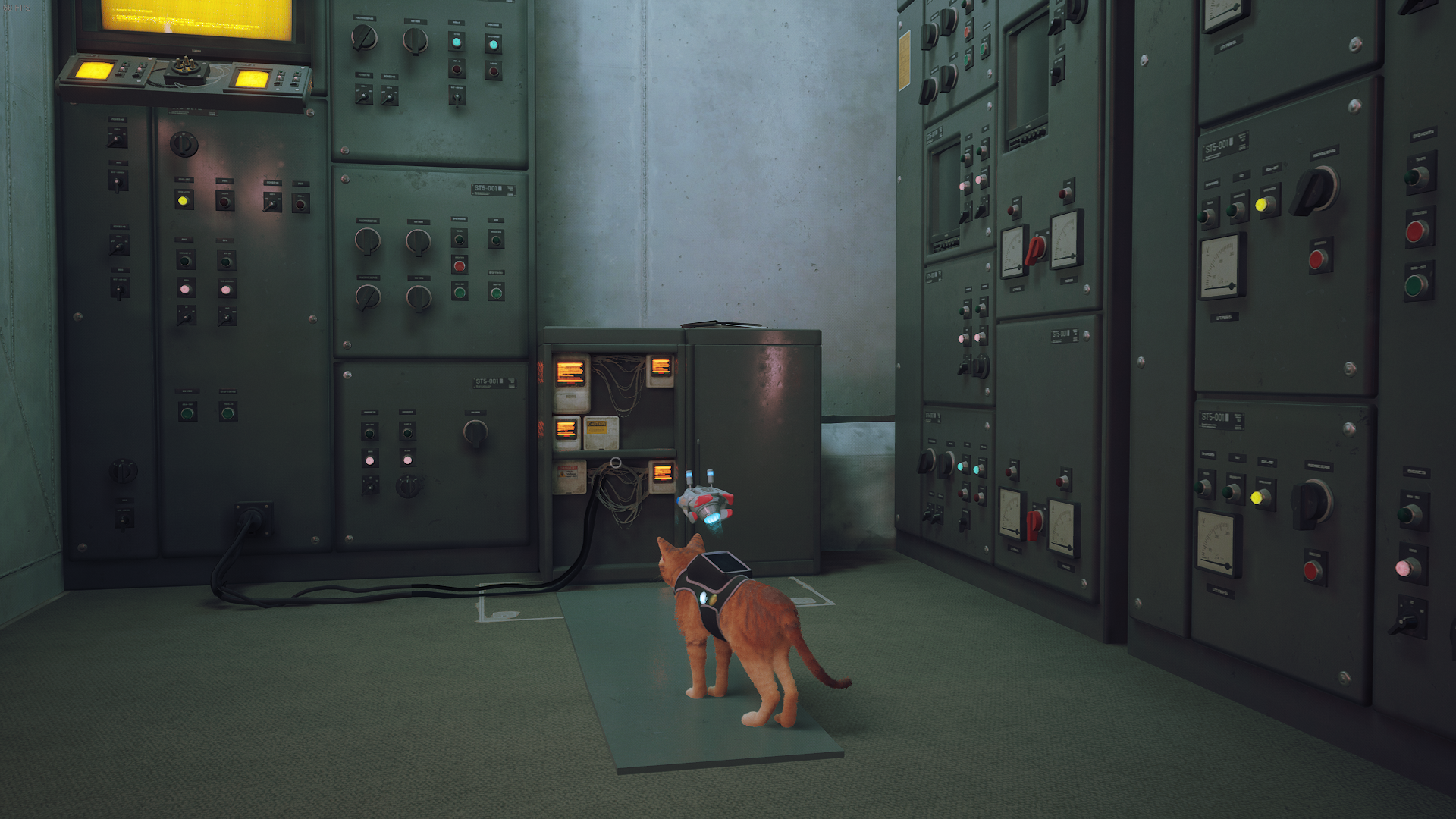 The cat of Stray looks at a computer panel, with the wires freshly exposed after pushing a panel over.