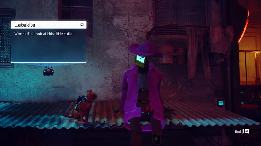 A cat sits next to a robot on a rooftop in Stray