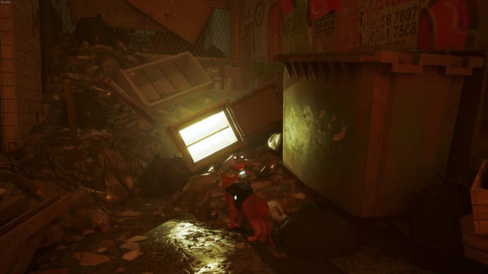 The cat of Stray looks at an unlocked safe in The Slums.