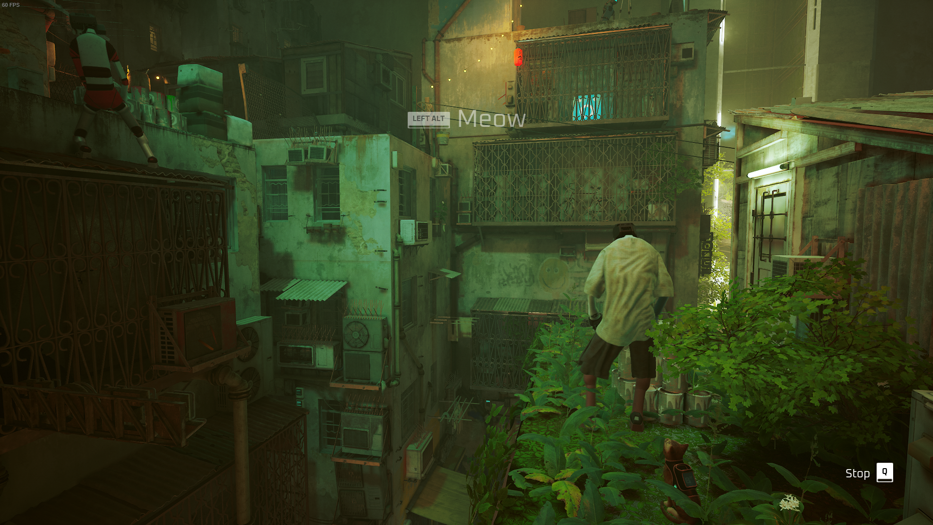 The cat of Stray meows at Vapora as they throw paint cans across the rooftops.