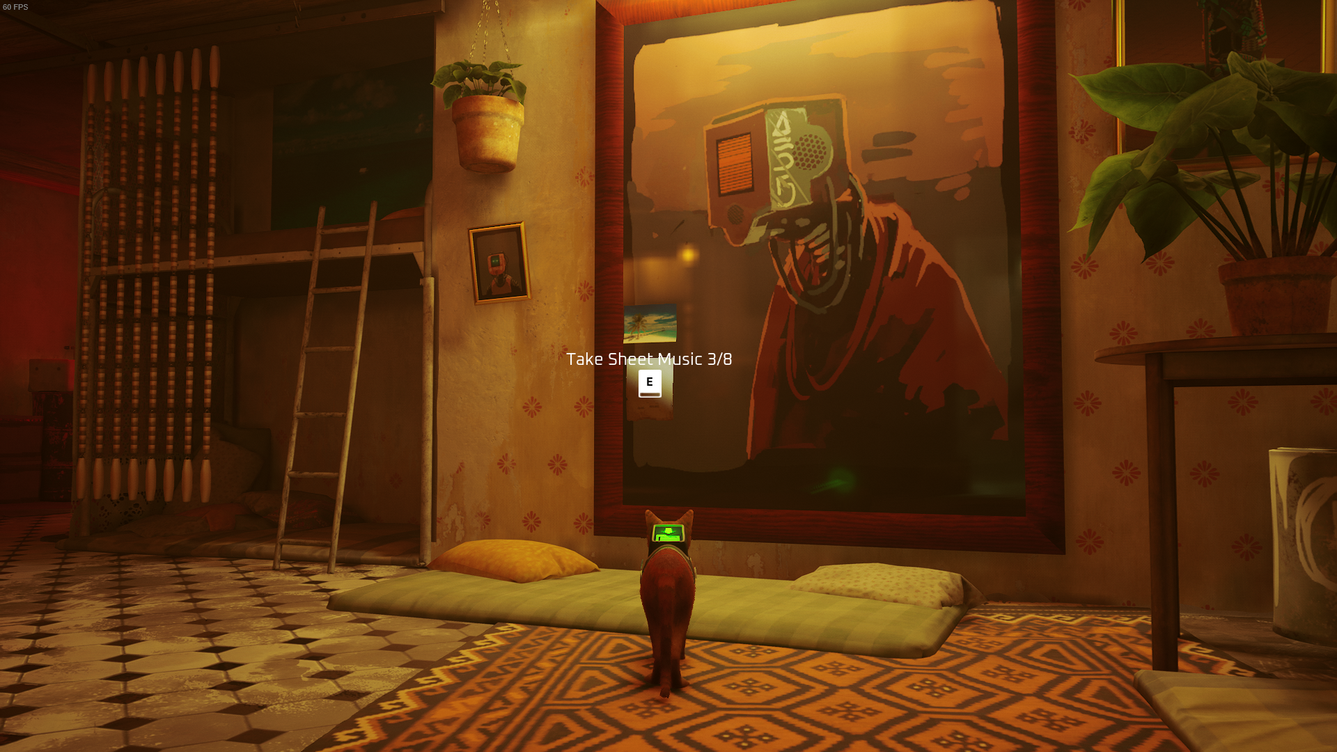 The Outsider of Stray looks at a piece of sheet music attached to a huge portrait in Elliot&rsquo;s flat.