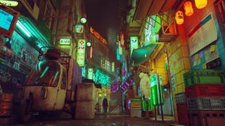 An alley covered in neon signs as viewed from near the ground in Stray's first-person mod.