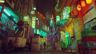 An alley covered in neon signs as viewed from near the ground in Stray's first-person mod.