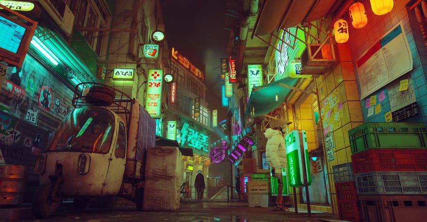 An alley covered in neon signs as viewed from near the ground in Stray’s first-person mod.