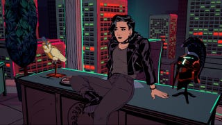 A black-haired woman leans against her desk in a high-rise city apartment at night in Stray Gods: The Roleplaying Musical