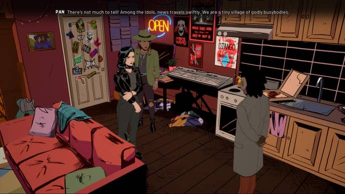 Two humans converse with Pan inside an apartment in Stray Gods: The Roleplaying Musical