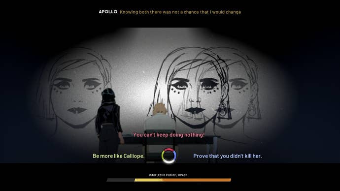 Two people look at a wall of large faces in Stray Gods: The Roleplaying Musical