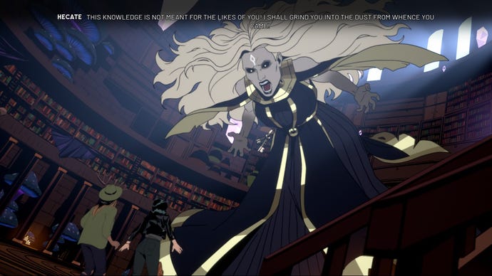 A white-haired goddess looms above small humans in a library in Stray Gods: The Roleplaying Musical