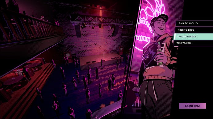 A nightclub scene with options to speak to four different gods, including Hermes, in Stray Gods: The Roleplaying Musical