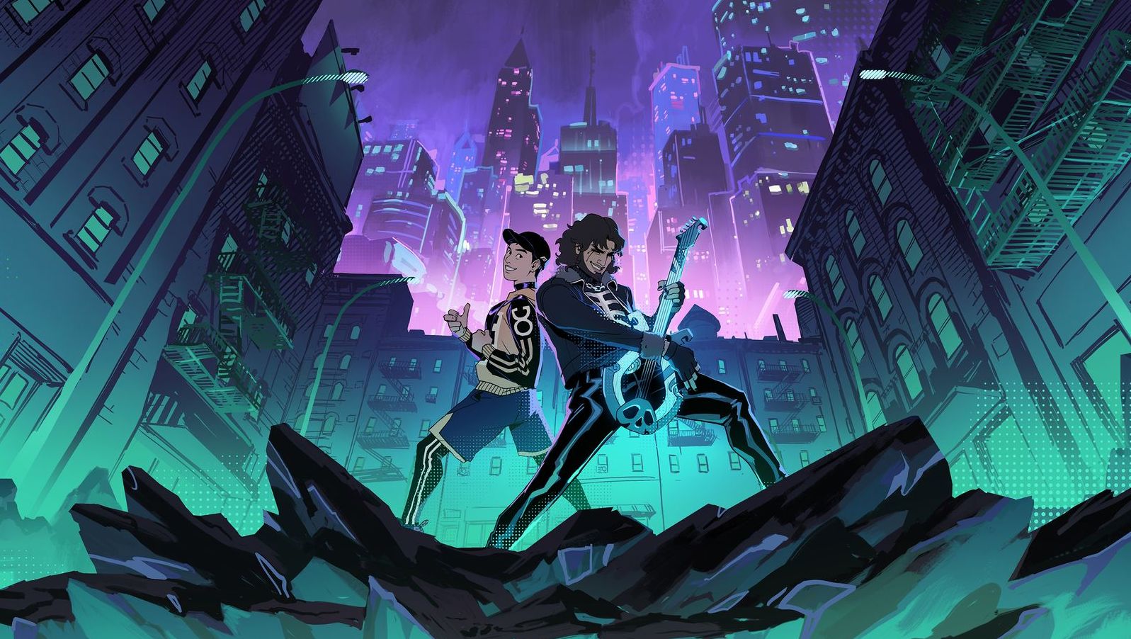 Orpheus and Hermes rock out in a city at night time in role-playing musical Stray Gods - 1