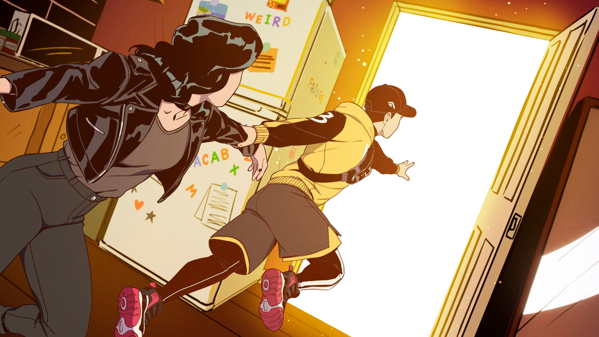 A boy in a cap and sports gear grabs the arm of a woman as they race out the door in Stray Gods: A Roleplaying Musical