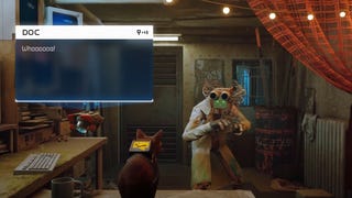 A still of the Stray trailer showing a cat with a computer on its back and a flying robot pal talking to a bipedal robot called Doc in a lab coat and with a computer face.