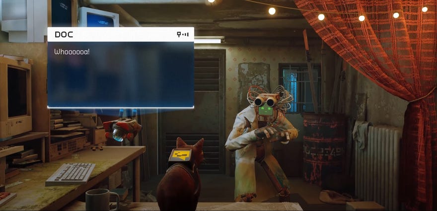 A still of the Stray trailer showing a cat with a computer on its back and a flying robot pal talking to a bipedal robot called Doc in a lab coat and with a computer face.