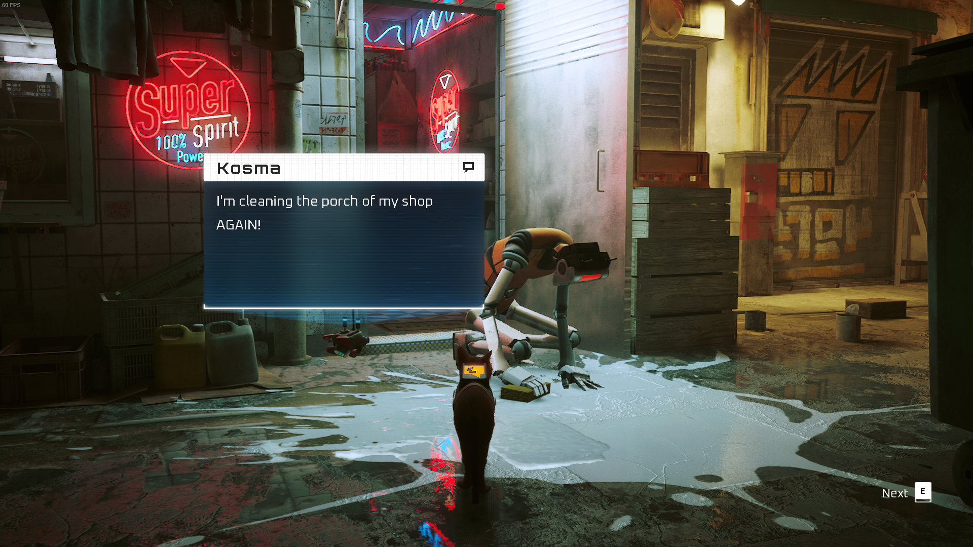 The cat of Stray speaks with Kosma as they clean up paint outside of Super Spirit Laundry.