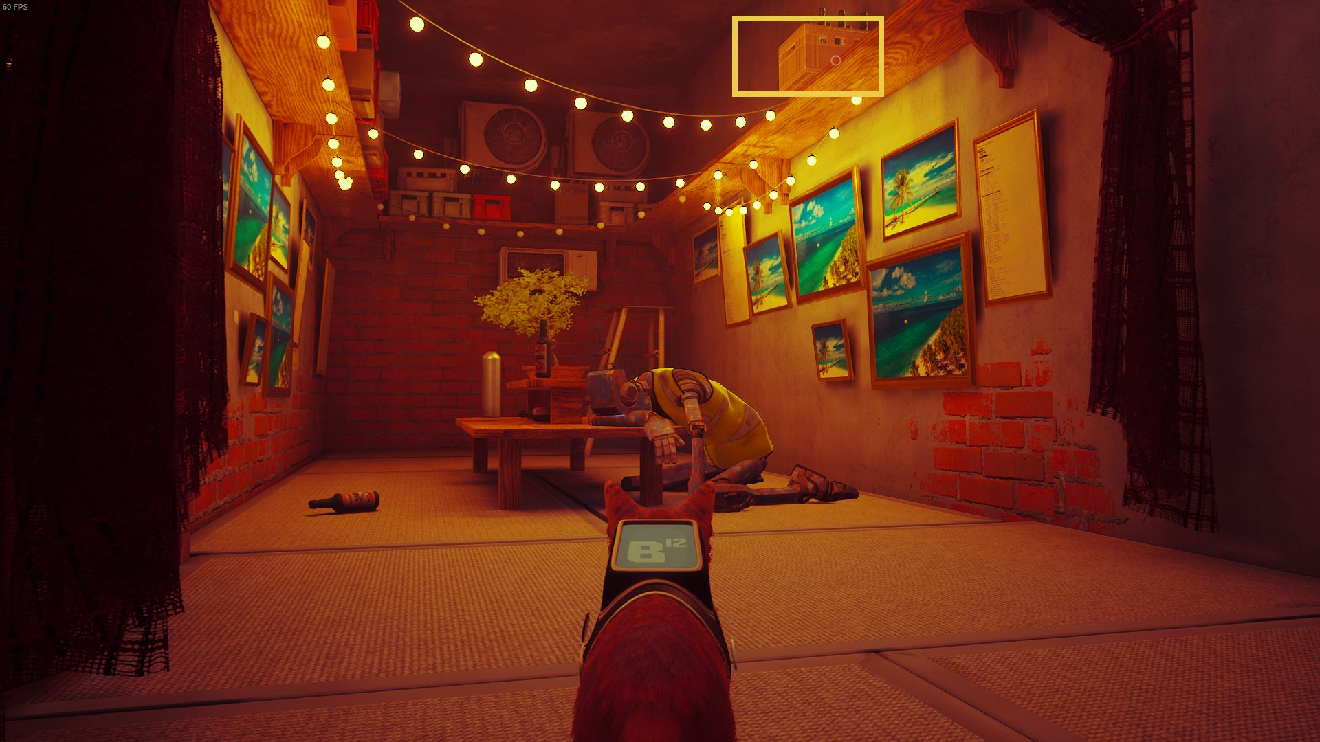 The cat of Stray looks at a drunk robot in the back room of the Midtown bar, an appealing crate is on the shelf above.