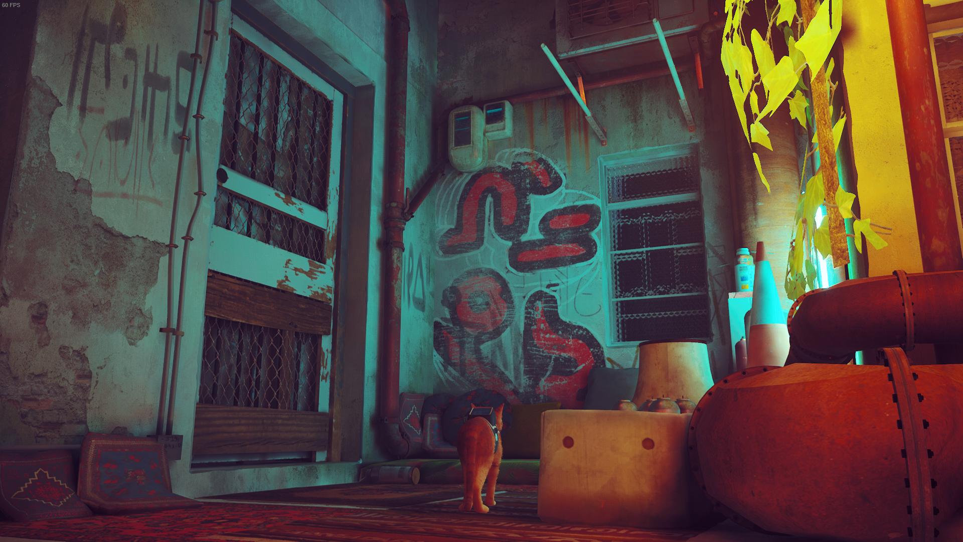 The cat of Stray looks at a mural in a cosy secluded spot in Midtown.