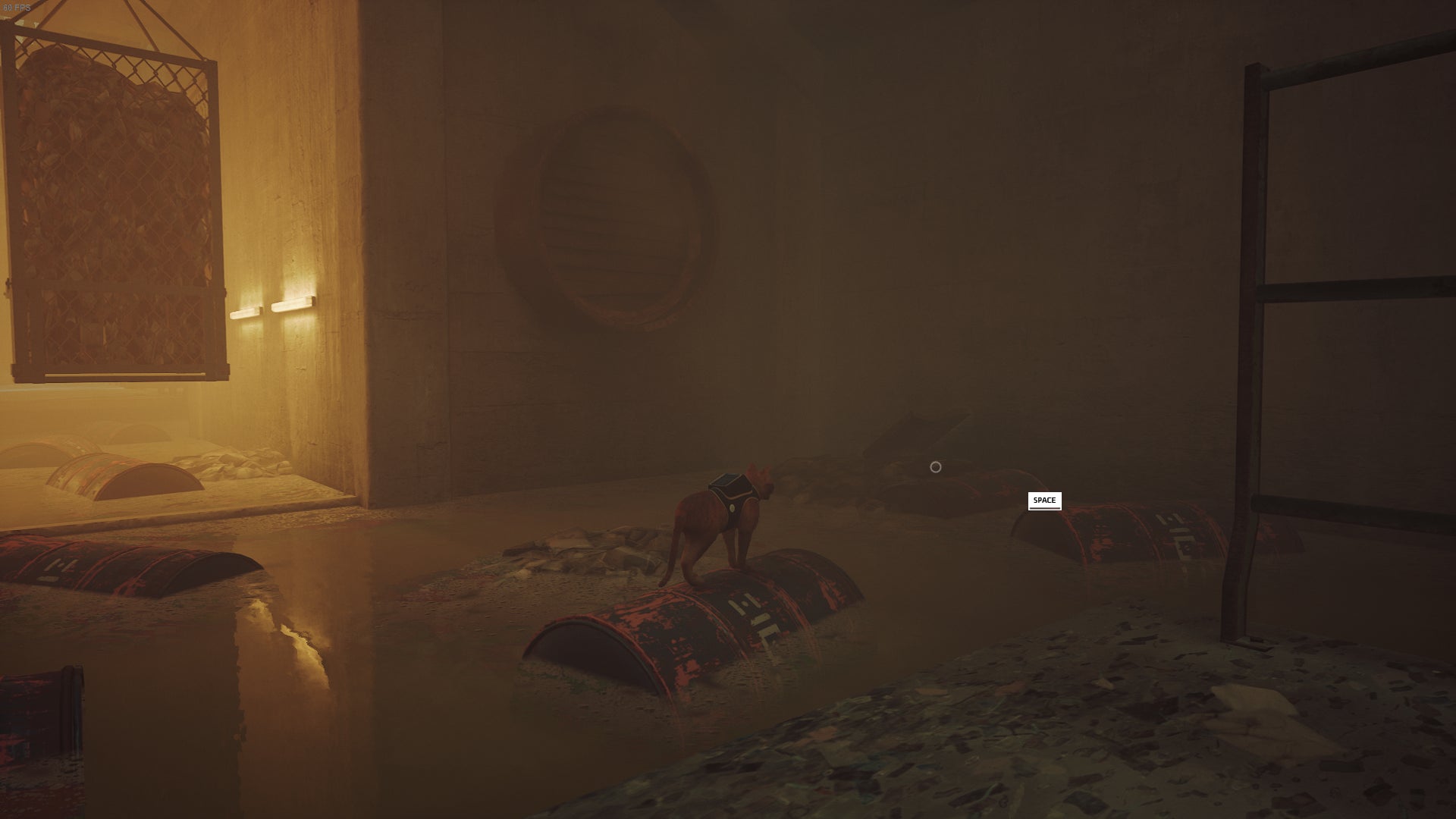 The cat of Stray is on top of a barrel, looking at the worker's keys in the Neco Corp factory. - 12