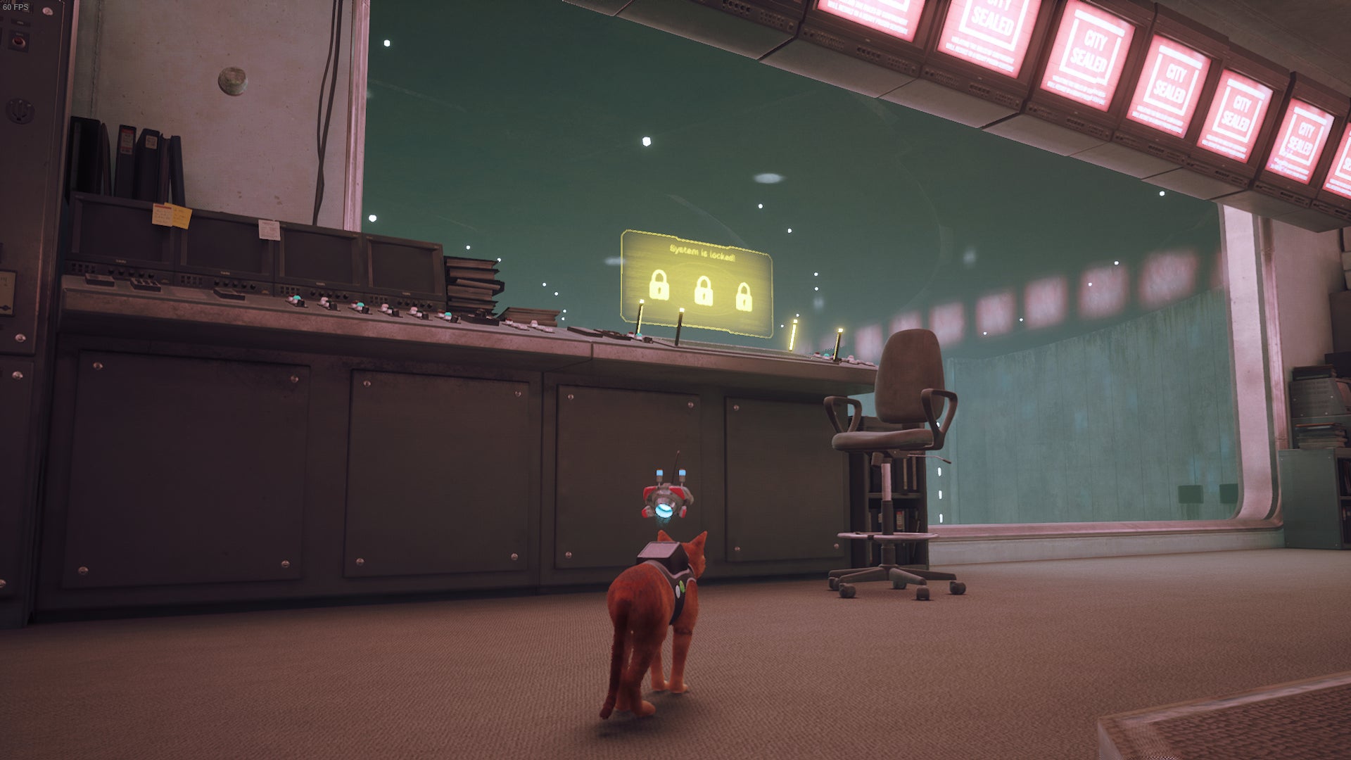 The cat of Stray looks at the roof control panel in the Control Room. - 14