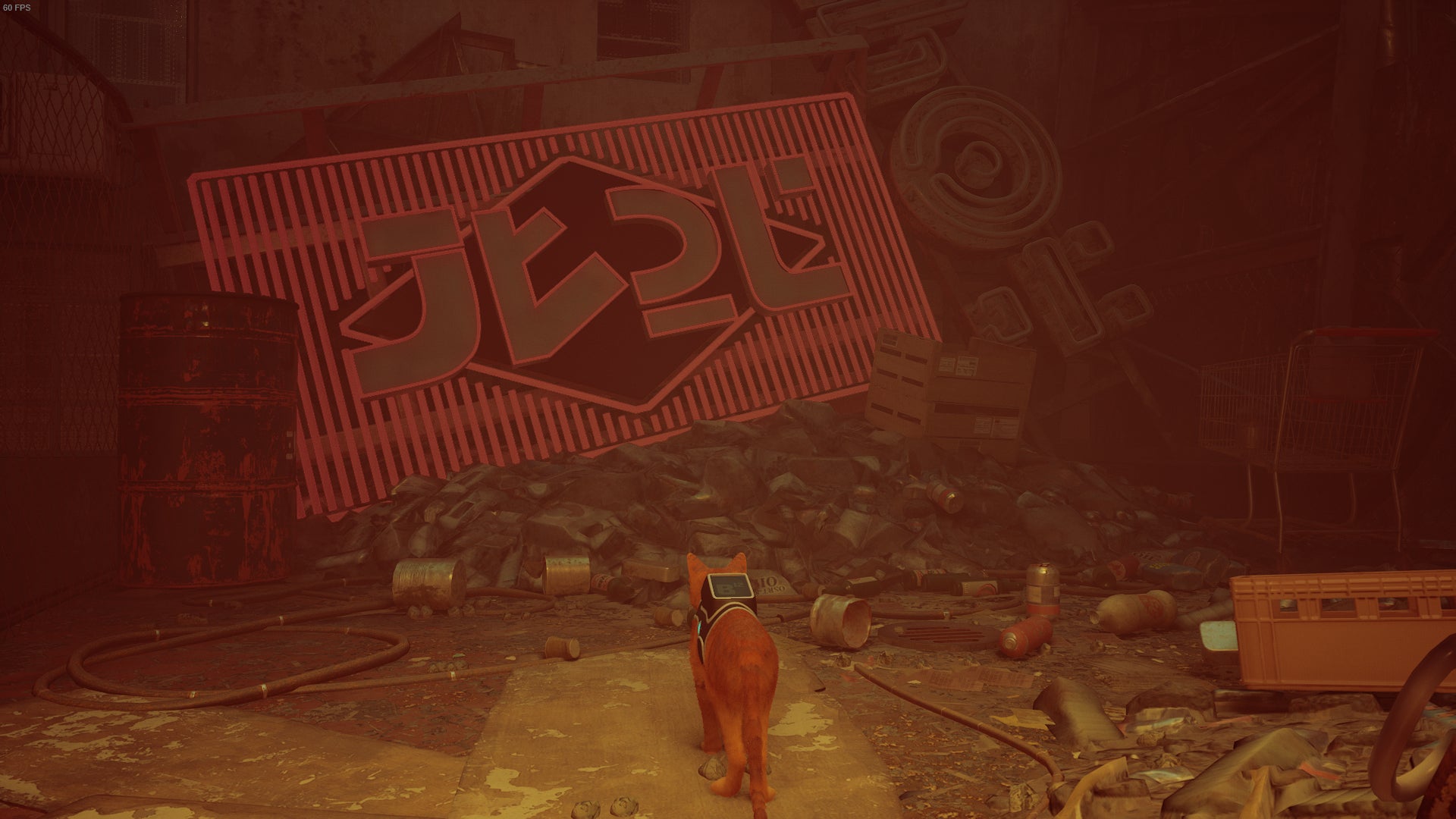 The cat of Stray looks at a large neon sign. - 12