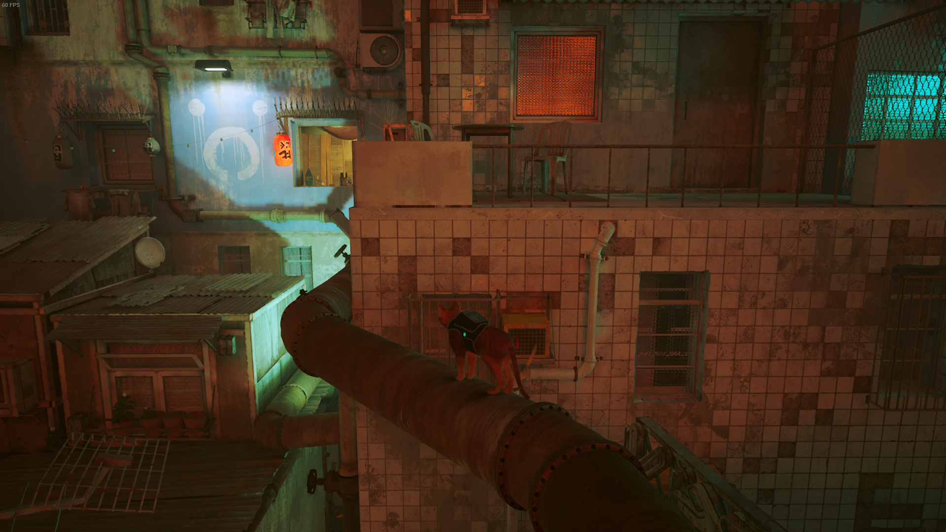 The Outsider of Stray stands on a rusty pipe leading to Clementine&rsquo;s flat.