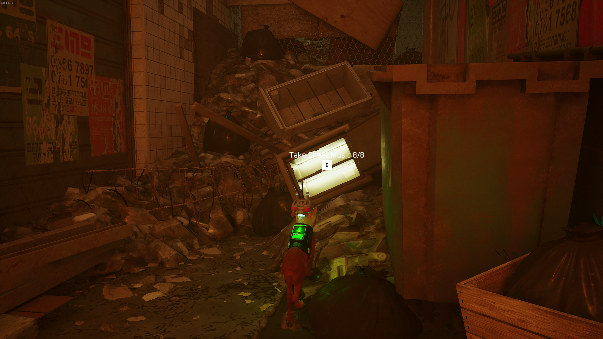 The Outsider of Stray looks at a piece of sheet music inside a digitised safe.