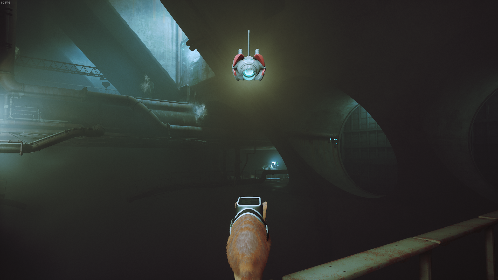 The cat of Stray looks over the sewer system.