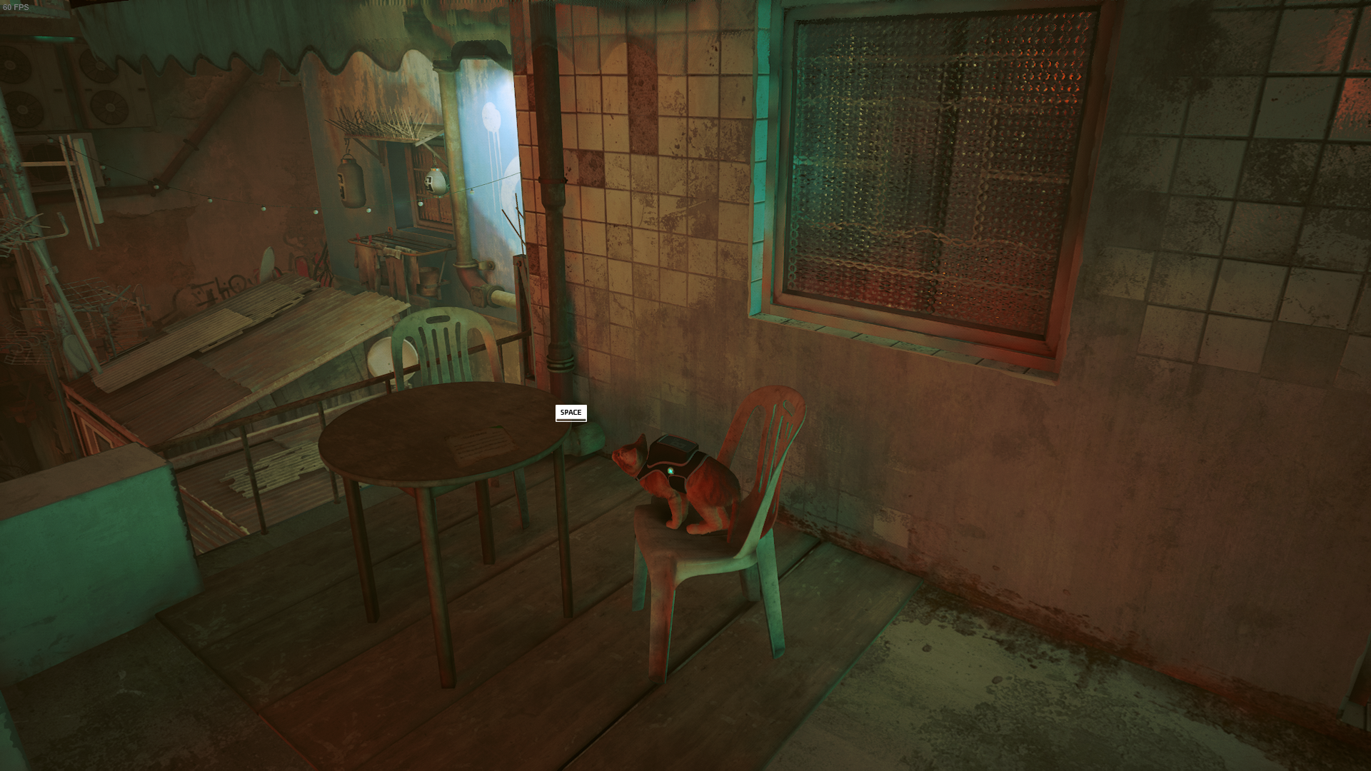 The Outsider of Stray looks at a piece of Sheet Music on a table outside of Clementine&rsquo;s flat.