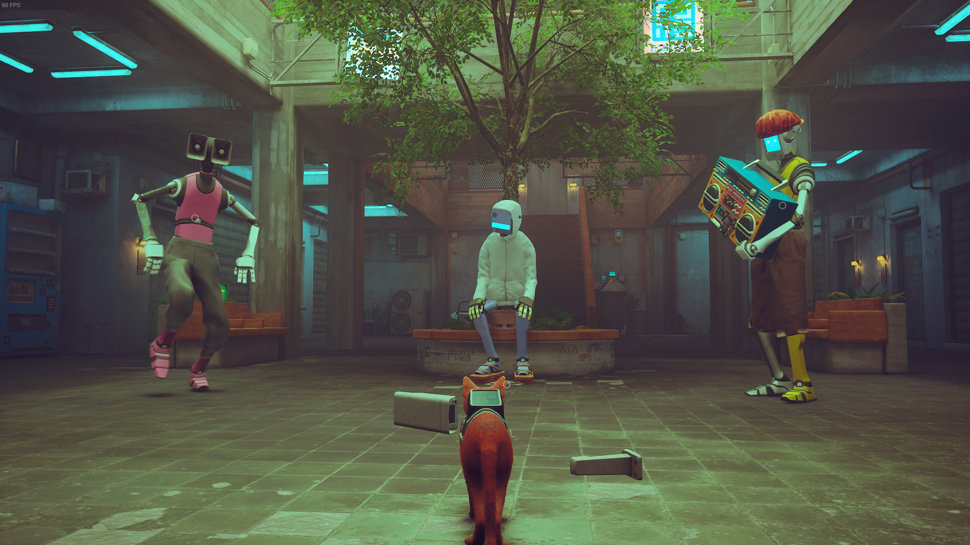 The cat of Stray faces three antisocial robots in the residential area of Midtown.