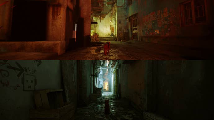 Screenshot of the Stray splitscreen mod with 2 players.