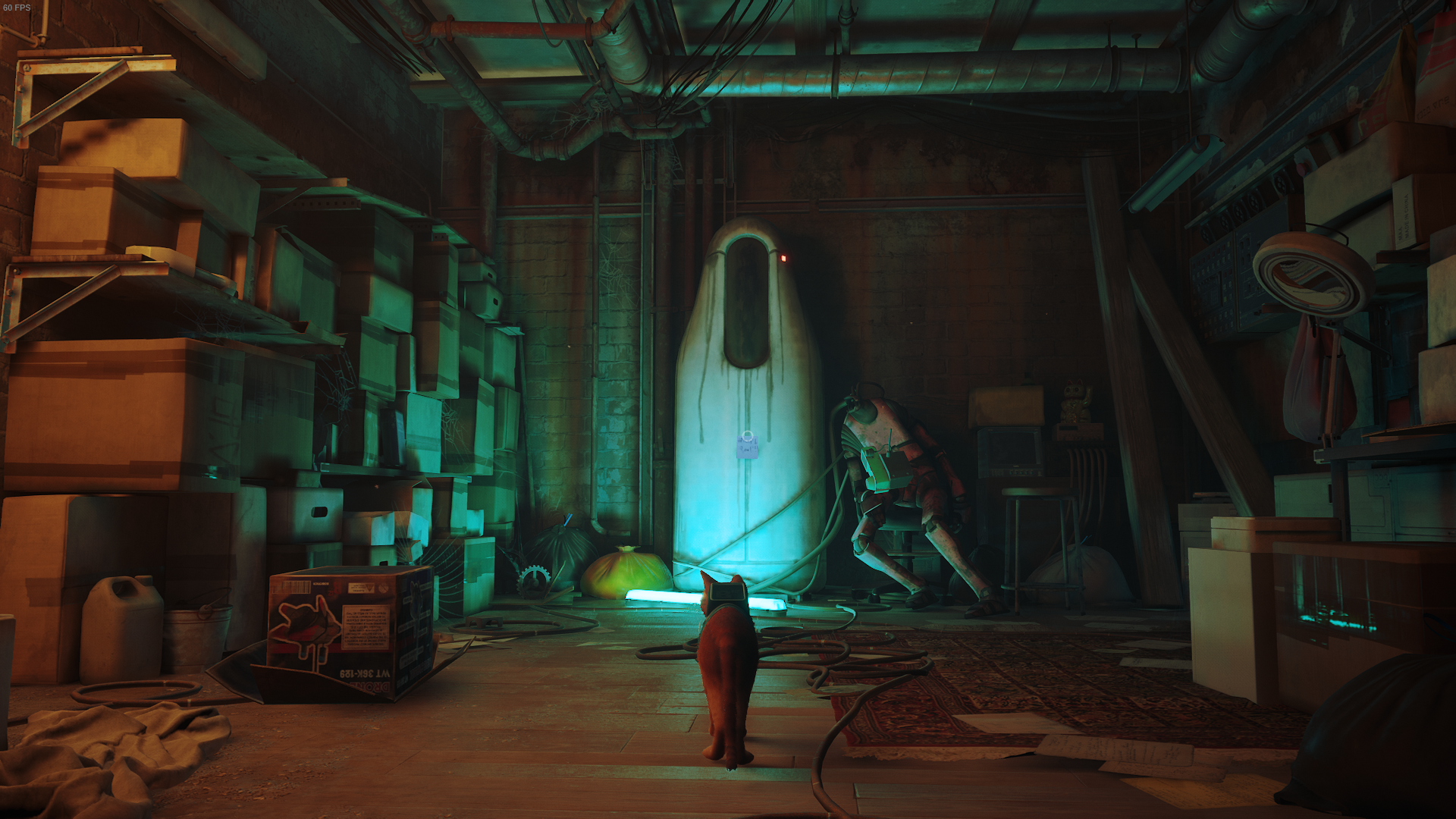 The Outsider, a cat, looks at a large pod in a secret room in The Flats, Stray.