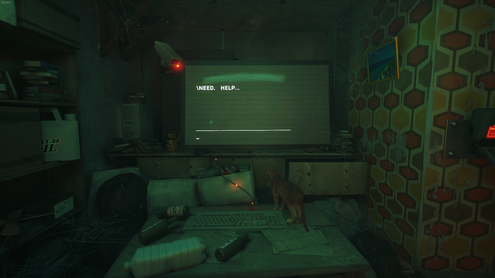 The Outsider, a cat, looks at a large computer screen in need of help in The Flats, Stray.