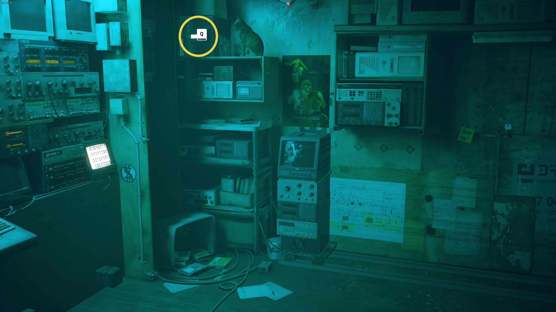 The Outsider, a cat, sits atop a large shelf and beside a plug in The Flats, Stray.