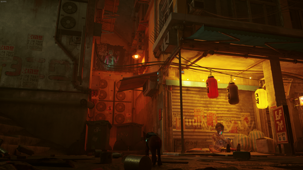 The cat stands by Morusque and looks up at some art work in an alley in Stray.