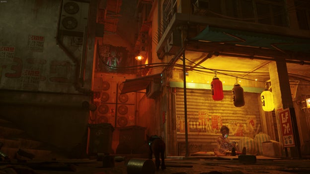 The cat stands by Morusque and looks up at some art work in an alley in Stray. - 4