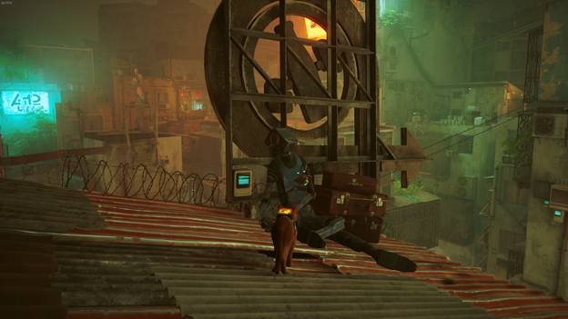 The cat faces a deceased robot behind an unilluminated sign in Stray.