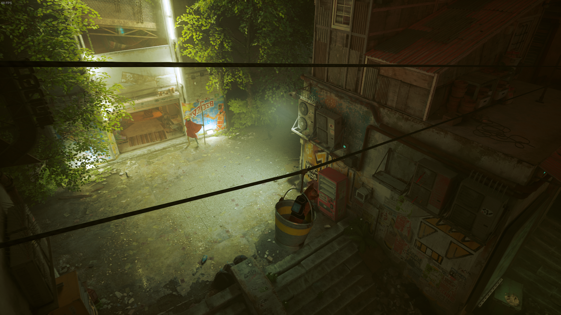 The Outsider of Stray, a cat, ziplines down from The Rooftops into The Slums via bucket.