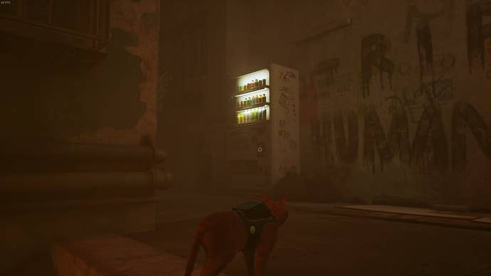 The Outsider, a cat, faces a Vending Machine in The Slums of Stray, beside graffiti reading 'R.I.P. HUMANS'.