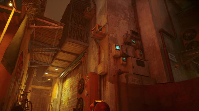 The Outsider of Stray looks at some ventilation boxes they can jump on.