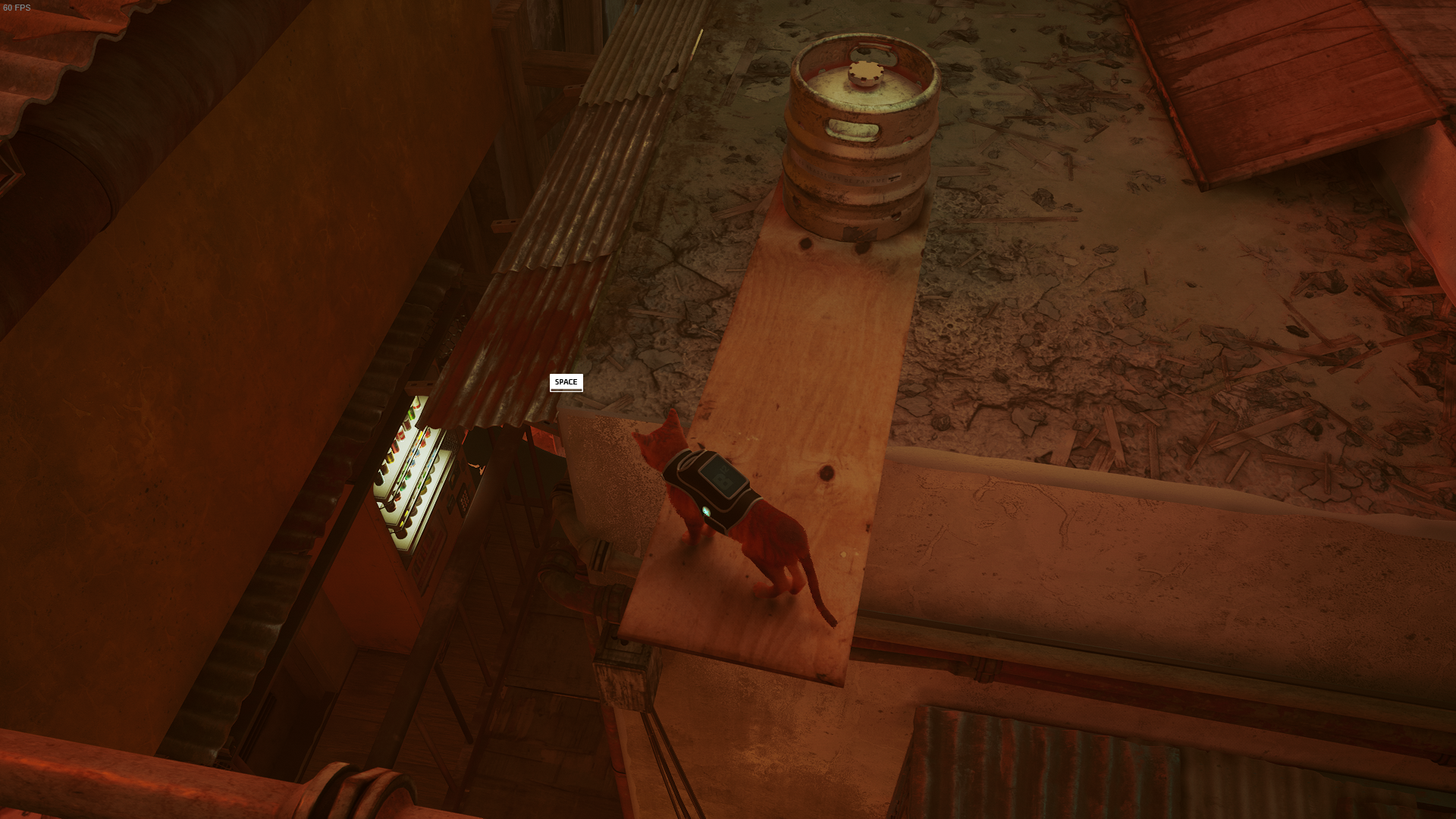 The Outsider of Stray looks at a tucked away vending machine in The Slums.