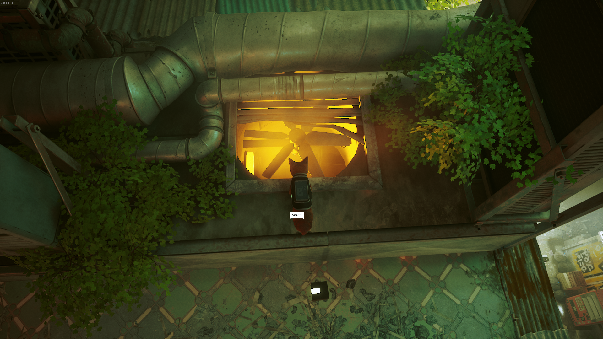 The cat of Stray faces the turned off vent and entrance to Zbaltazar&rsquo;s flat.