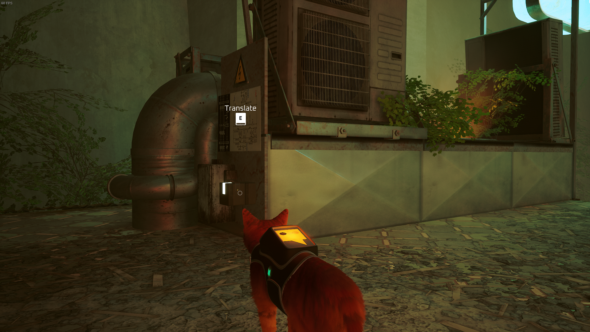 The cat of Stray faces the power supply that is powering the vent leading into Zbaltazar&rsquo;s flat.