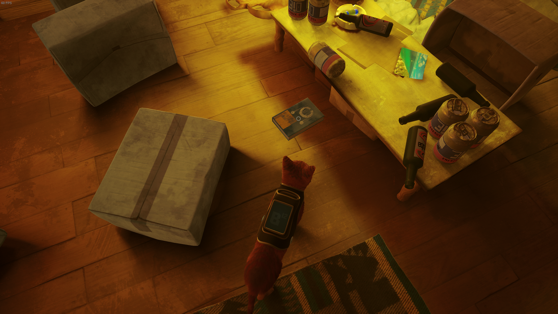 The cat of Stray looks at Zbaltazar&rsquo;s notebook, after toppling over boxes in their flat.